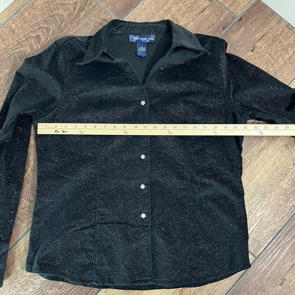 SUSAN GRAVER Shirt Top Women's L Black Faux Suede Glitter Rhinestone Button-Up - Picture 7 of 8